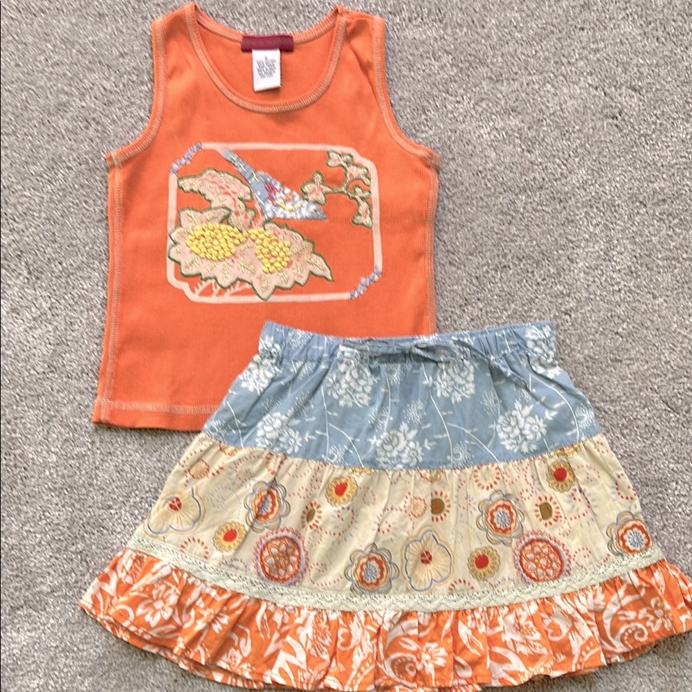 MIMI & MAGGIE Orange Embroidered Tank Top and Floral Skirt Set. Size 5